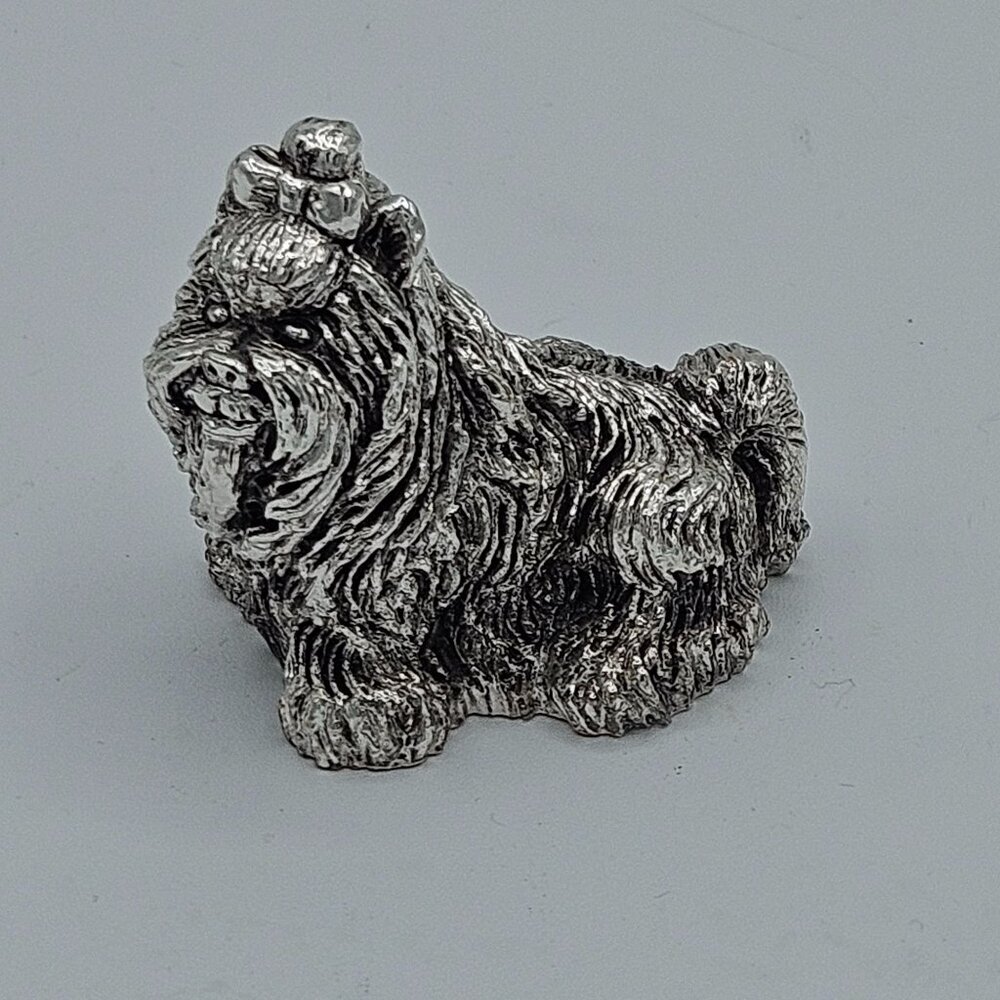 Adorable Silver Plated Yorkshire Terrier Figurine 2 Inches Tall Vintage Made In